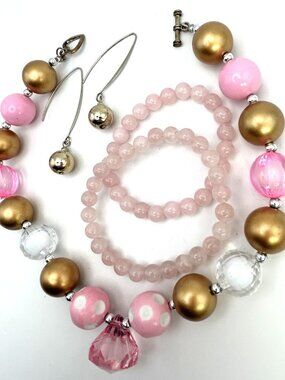 Chunky Pink Bubblegum Necklace Set Bracelet Earrings Polka Dot Beaded